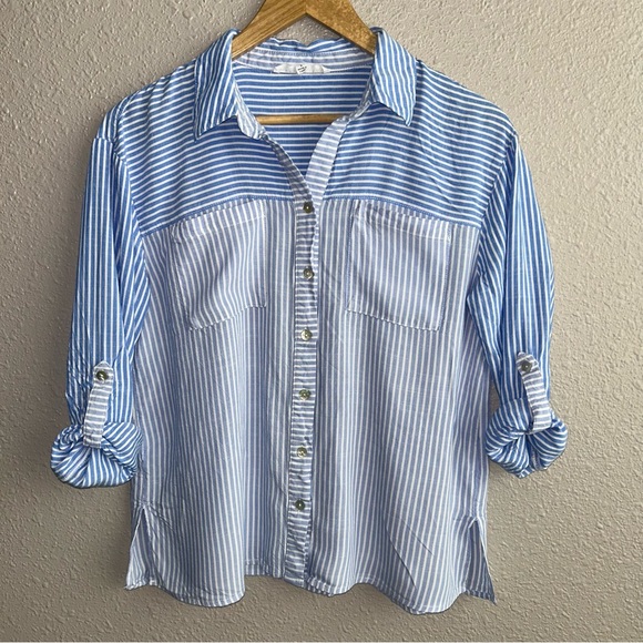 Jane and Delancey Tops - Jane + Delancey Blue Color Block Striped Long Sleeve Button‎ Up Roll Cuff Shirt